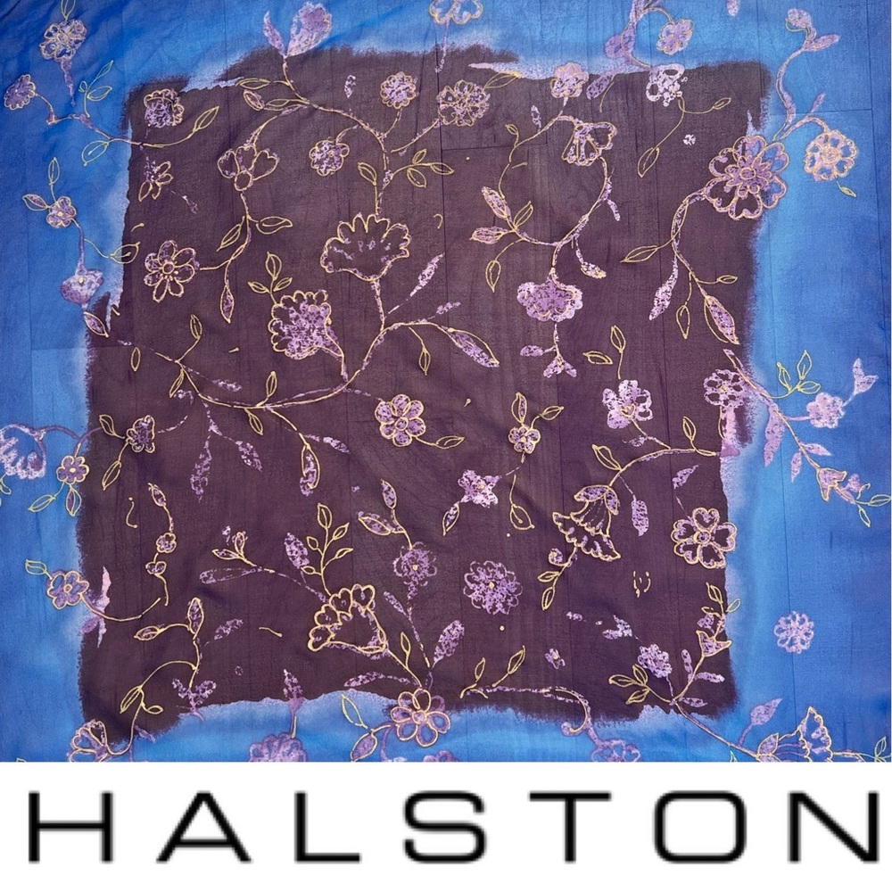 VTG Sheer Silk Chiffon Scarf | Halston | Vibrant Blue & Eggplant Purple | 20” Sq